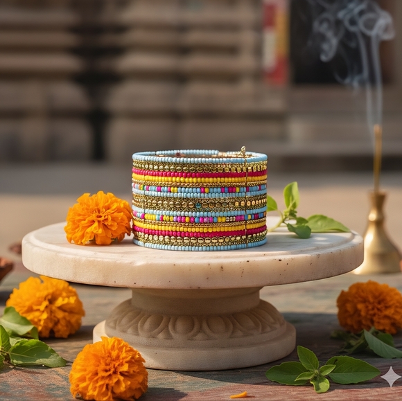 ποΈIndian Artisanal Beaded Boho Chic Cuff Bracelet | Pastel & Brass Statement πΌ - Picture 10 of 14
